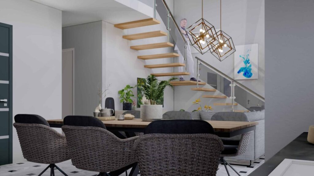 Dining area with staircase to internal mezzanine