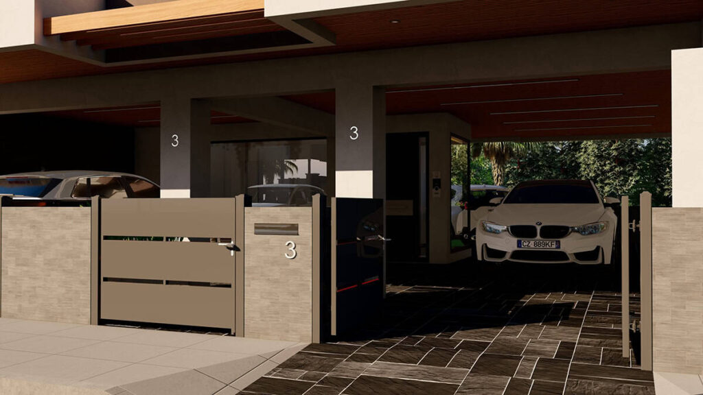 Main entrance with canopy and pilasters