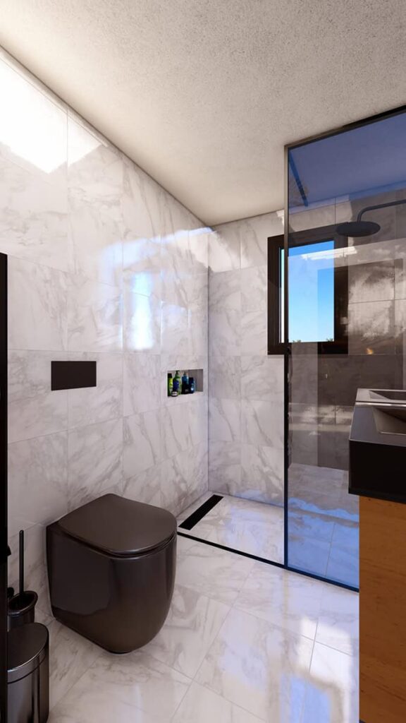 Bathroom with marble cladding and walk-in shower #1