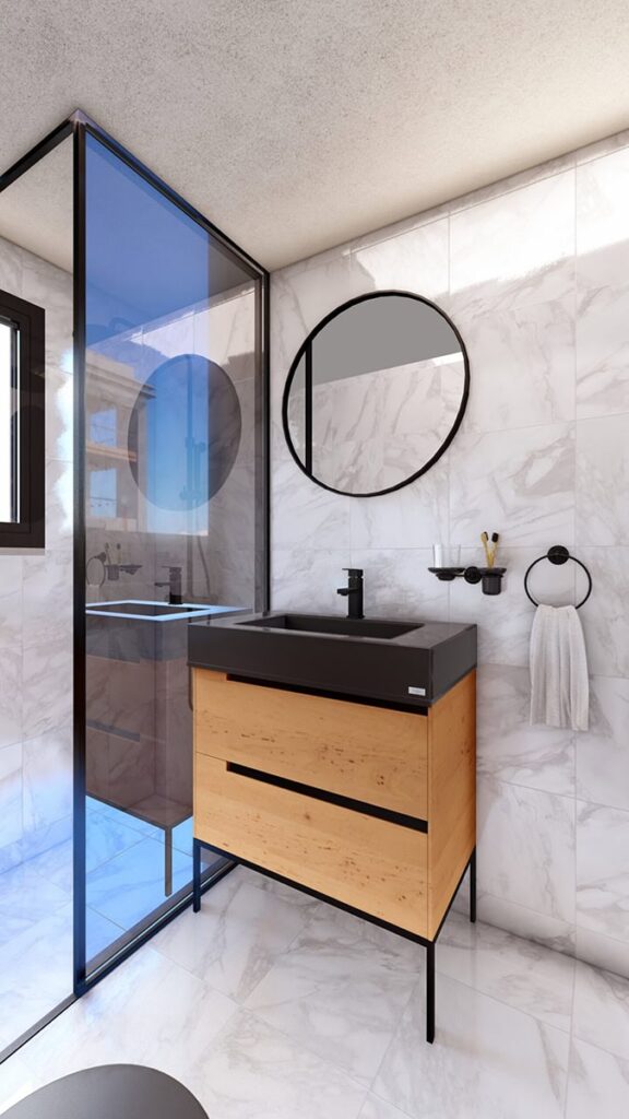 Bathroom with marble cladding and walk-in shower #2