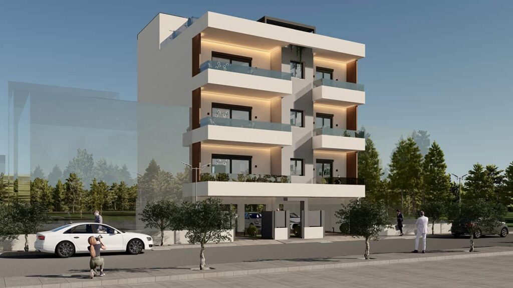 New three-story apartment building with pilotis and basement in Ilion – exterior view