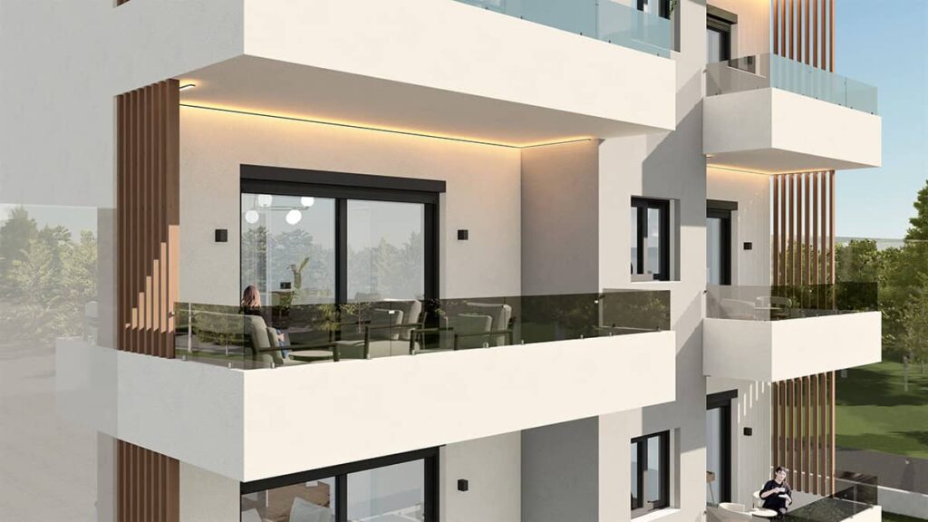 Balcony and exterior view of the new apartment building in Ilion