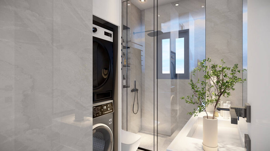 Minimal bathroom interior with glass shower enclosure