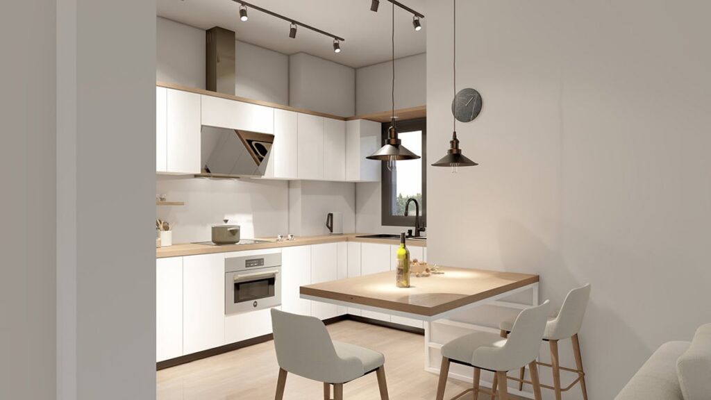 Modern kitchen with built-in appliances and ceiling lighting