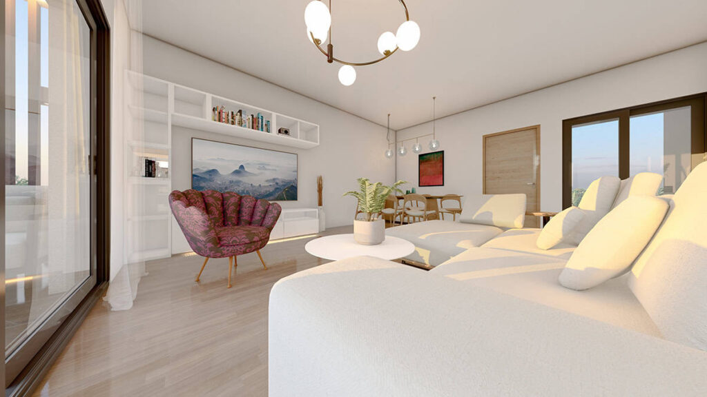 Living room with modern interior design and soft lighting