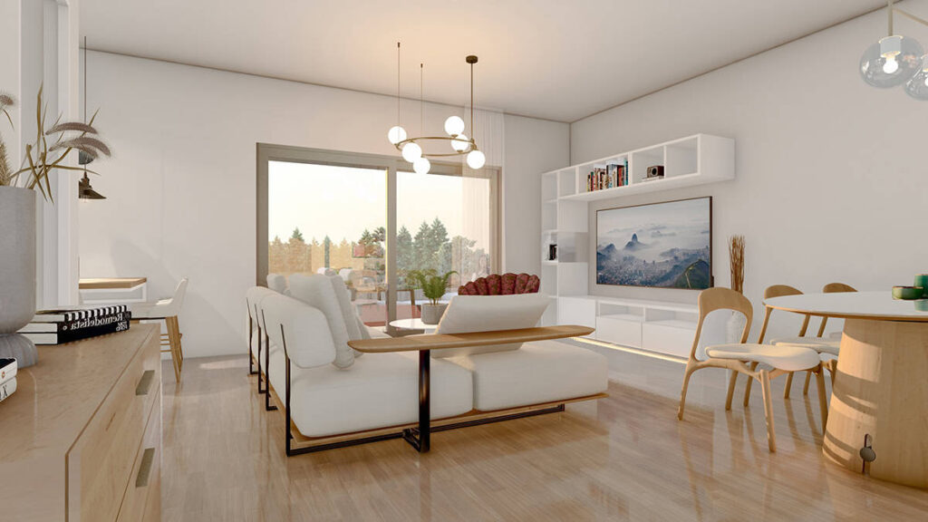 Open-plan living and dining area with natural daylight